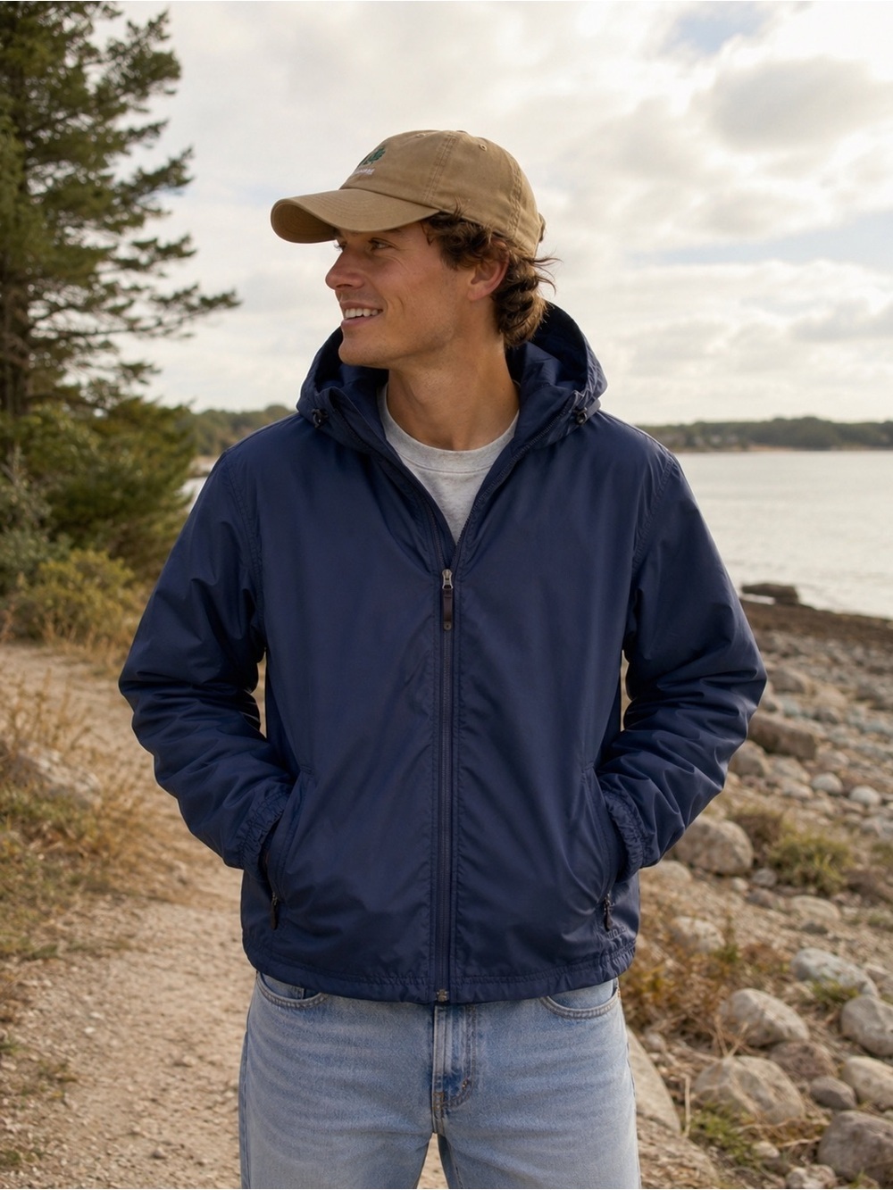 L.L. Bean Men's Navy Hooded Windbreaker Jacket
